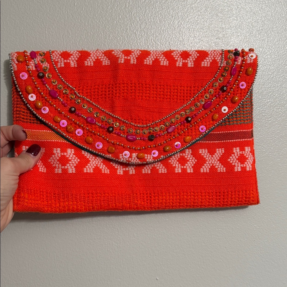 Beaded Clutch - orange and bright beading